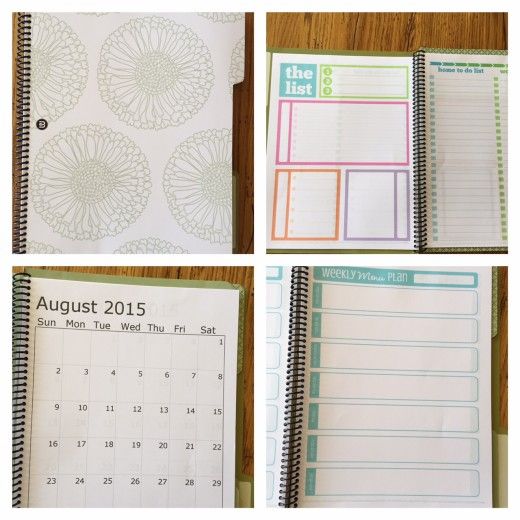 four photos of the inside of a planner with different pages and numbers on it, including an open spiral - bound calendar