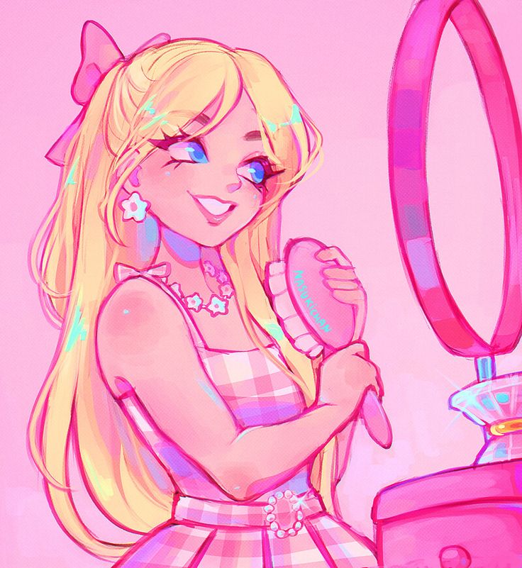 a drawing of a blonde haired girl brushing her teeth in front of a pink mirror