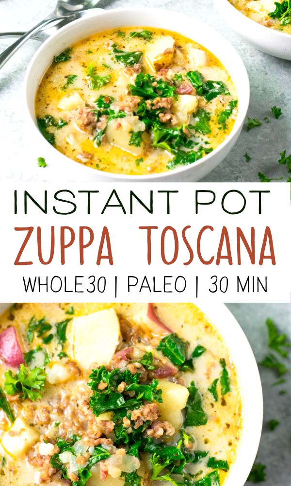 two bowls of instant pot zupa toscana with potatoes and kale in them