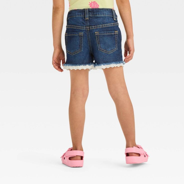 Toddler Girls' Lace Cut-Off Shorts - Cat & Jack™ Dark Blue 18M Playful Denim Blue Bottoms For Spring, Playful Medium Wash Bottoms For Spring, Trendy Bottoms For Spring Playtime, Trendy Spring Bottoms For Playtime, Playful Blue Jean Shorts For Spring, Cute Denim Bottoms For Playwear, Casual Fitted Shorts For Playtime, Weather Wear, Mid Rise Shorts