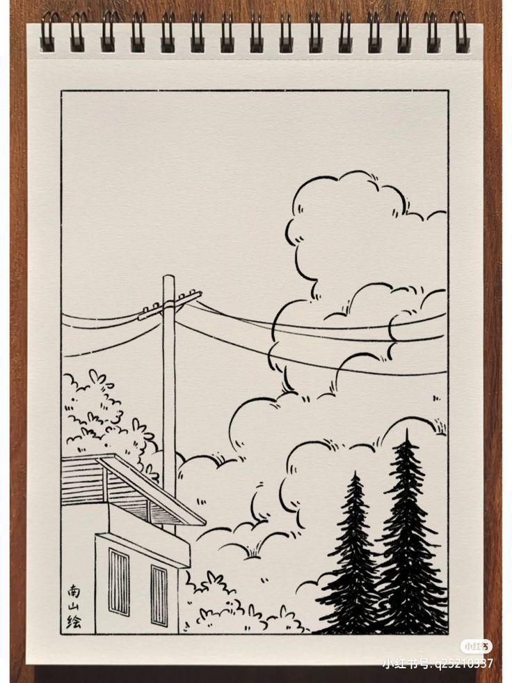 a drawing on paper with trees and clouds in the background, drawn by an artist