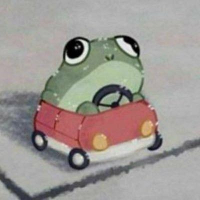 a cartoon frog driving a toy car with big eyes