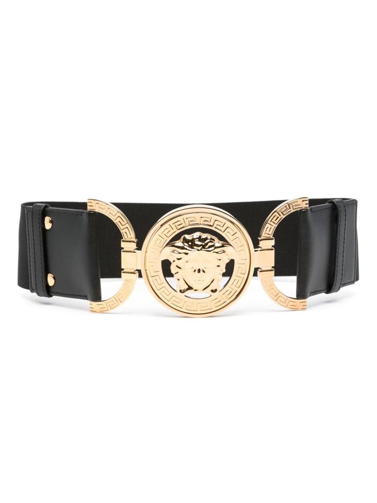 black leather trim elasticated band Medusa Head motif signature Greca detailing gold-tone hardware clasp and magnetic fastening This piece comes complete with a protective dust bag. Medusa Head, Chanel 2, Demi Fine Jewelry, Belt Black, Fine Earrings, Ballet Flat Shoes, Apple Watch Band, Pump Sandals, Lady Dior