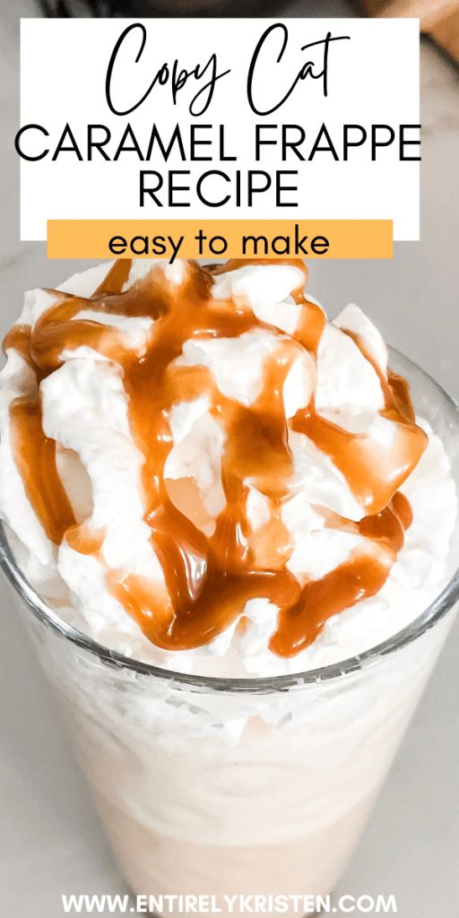 caramel frappe recipe in a glass with text overlay