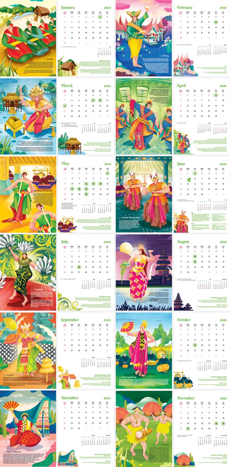 a calendar with different images of people in colorful outfits and flowers on the front page