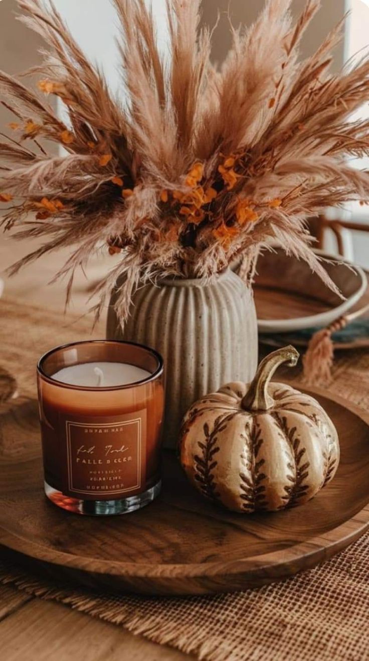 a candle sits on a plate next to some pumpkins and pamodia in a vase