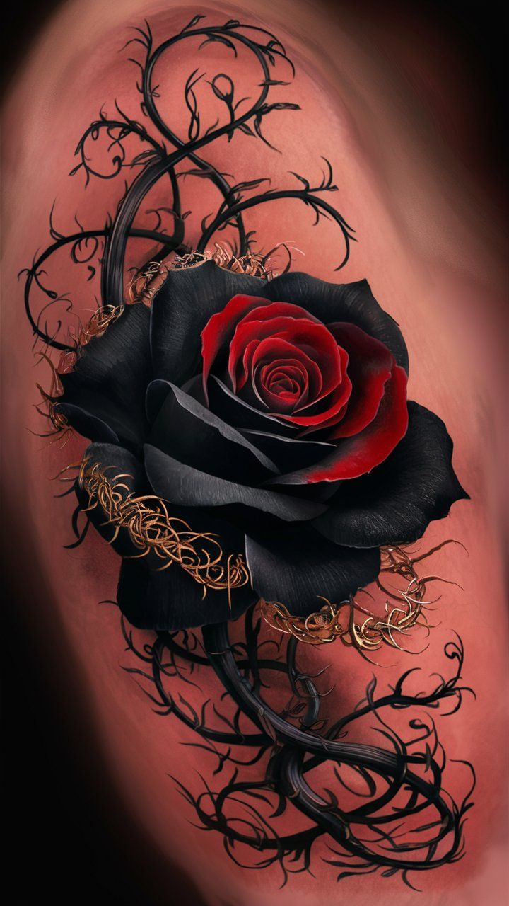 a painting of a rose on the side of a woman's arm with vines