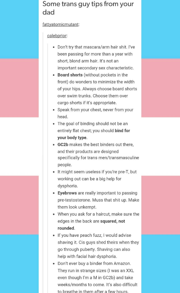 a pink and blue striped background with the words, some transs tips from your dad