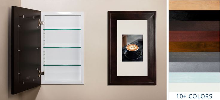 the interior of a room with different colors and designs on the wall, including an open cabinet