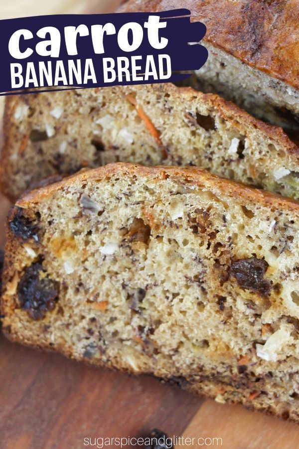 two slices of banana bread sitting on top of a wooden cutting board with the words carrot banana bread