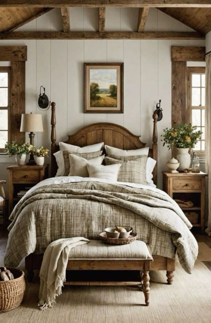 a bedroom with white walls and wooden beams on the ceiling is decorated in rustic style