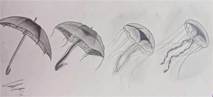 four different umbrellas are shown in black and white, one is drawn on paper