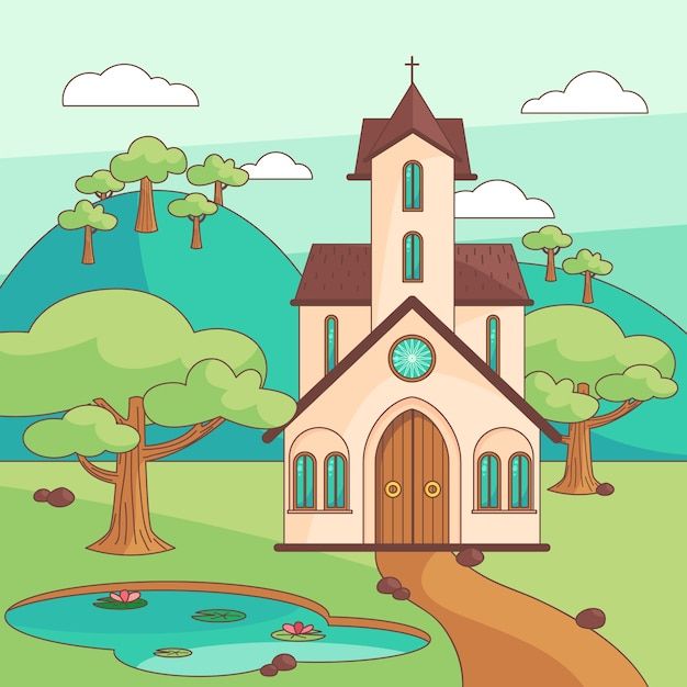 a church with a pond in front of it and trees on the other side,