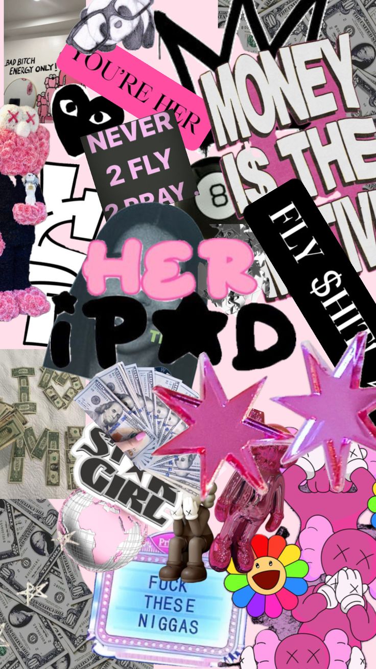 a collage of pink and black images with words on them that say money is the new hippo