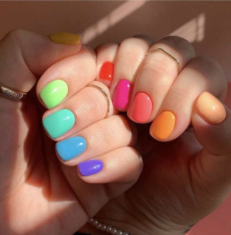 Different Color Neon Nails, Short Nails Art Colorful, Short Acrylic Nails Multicolor, Short Rainbow Nail Designs, Rainbow Colored Nails, Neon Rainbow Nails Short, Easy Rainbow Nails, Rainbow Inspired Nails, Fun Solid Color Nails