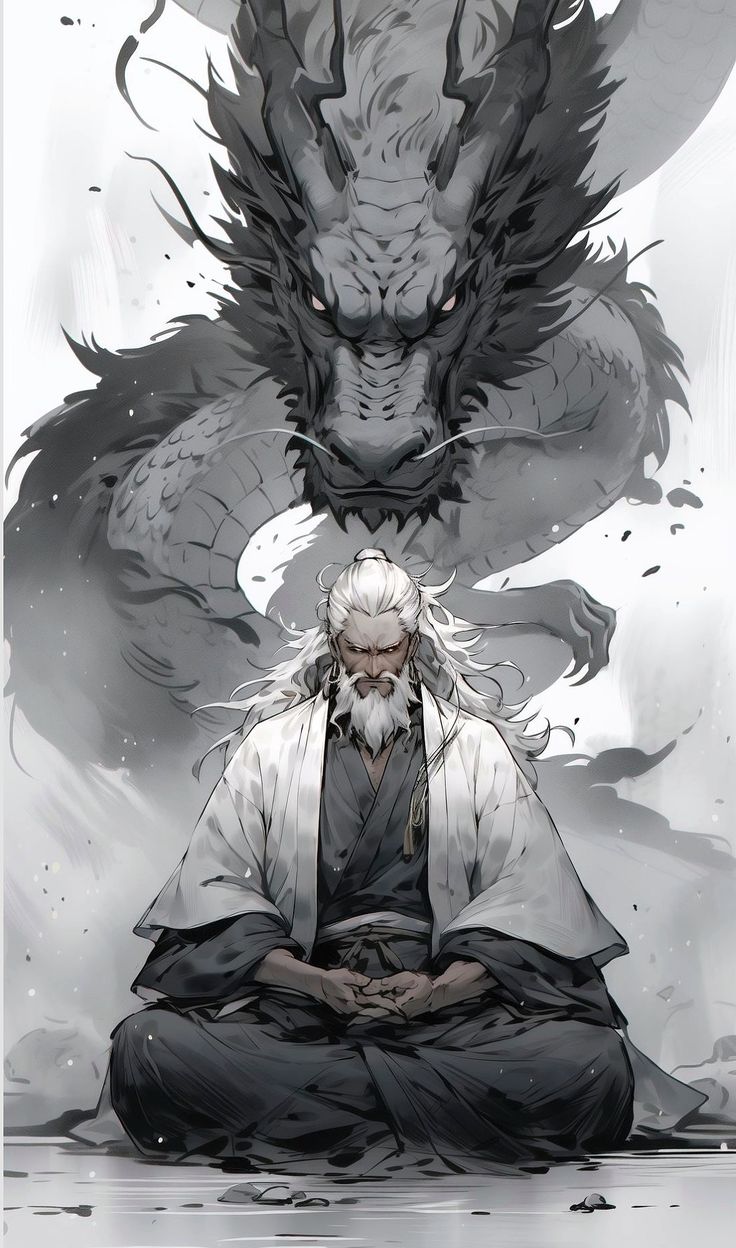 a man sitting on top of a floor next to a dragon