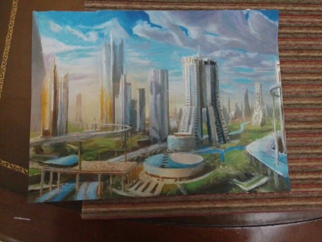 a painting of a city with tall buildings