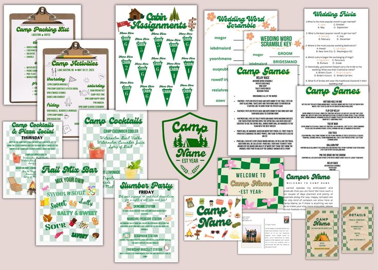 the camp menu is displayed on a bulletin board with clippings and other items