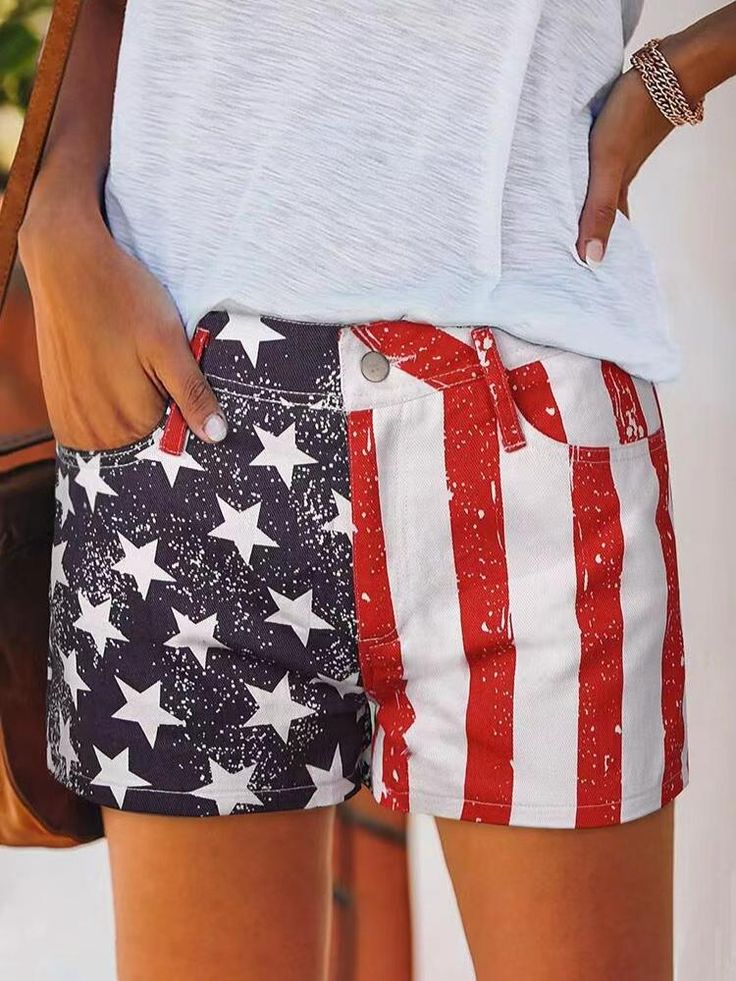 Cotton Flag Printed Denim Shorts Casual American Flag Bottoms For 4th Of July, Casual Cotton Bottoms With American Flag, Casual American Flag Cotton Bottoms, American Flag Print Cotton Bottoms For Memorial Day, American Flag Cotton Bottoms For Memorial Day, American Flag Casual Shorts, American Flag Print Cotton Shorts For Spring, Patriotic Bottoms With Flag Print For Spring, Patriotic Flag Print Bottoms For Spring