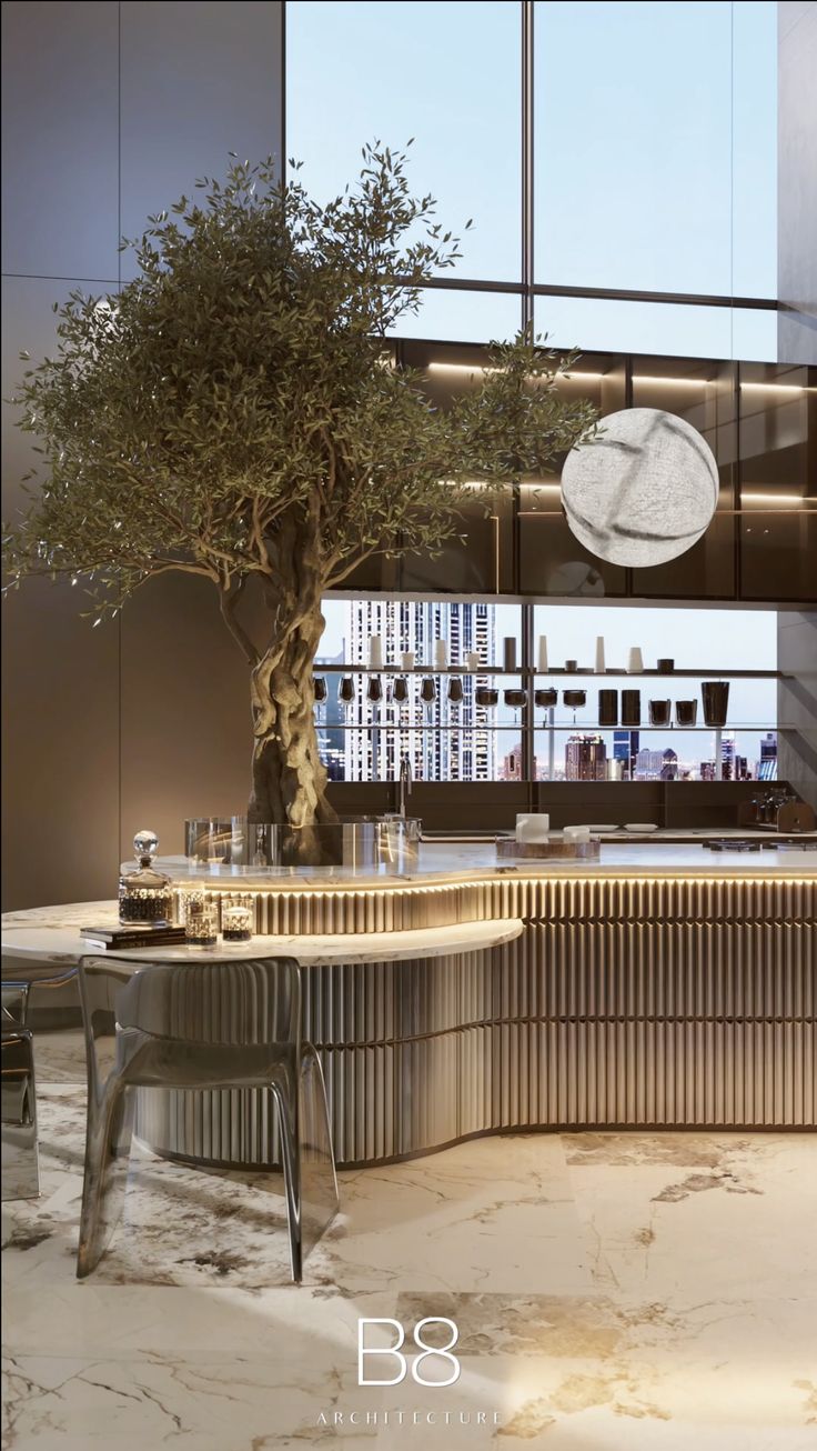 an olive tree sits in the middle of a restaurant counter with chairs and tables around it