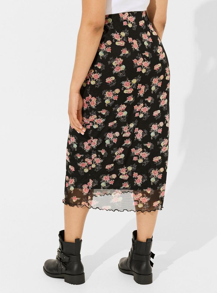 FIT Model is 5'10” wearing size 1. . Measures 32” from waistband (size 2). MATERIALS + CARE Mesh knit fabric. 95% polyester, 5% spandex. Machine wash cold. Line dry. . Imported. . DETAILS Sheer look. Slip. Floral print. The best plus size women's tea length mesh pencil skirt skirts in artisan floral deep black made of mesh. Trendy Stretch Midi-length Bottoms, Fitted Midi Bottoms With Elastic Waistband, Midi-length Bottoms With Elastic Waistband And Stretch, Stretch Midi Bottoms With Elastic Waistband, Stretch Bottoms With Elastic Waistband And Midi Length, Spring Midi Elastane Skirt, Spring Elastic Waistband Elastane Skirt, Trendy Knee-length Flowy Skirt, Casual Elastane Skirt For Spring