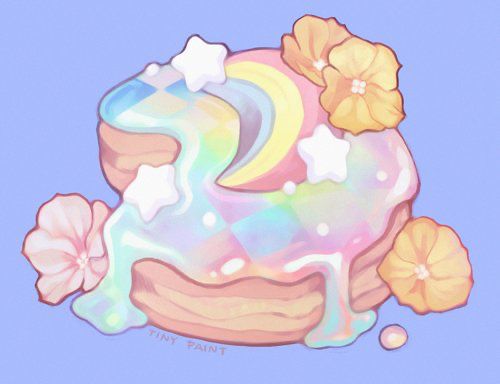 an ice cream sundae with stars and flowers on it's top, in pastel blue background