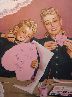 a painting of two women holding up pink hearts with the words happy valentine's day written on them