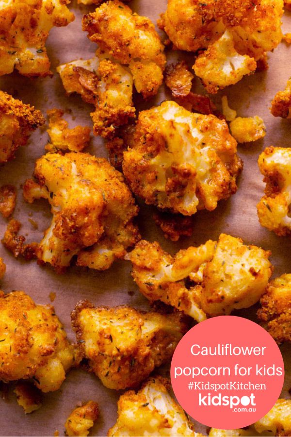 cauliflower popcorn for kids with text overlay