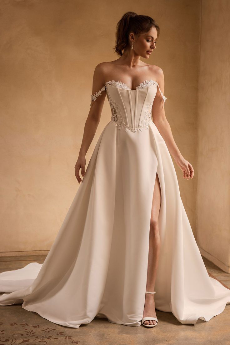 Sophia Tolli Wedding Dress 0 / Ivory Sophia Tolli: Y3171 - Rue Sophia Tolli Wedding Dresses, Satin Ballgown, Wedding Dress Crafts, Sophia Tolli, Ball Gown Skirt, Princess Wedding Dress, Dream Wedding Ideas Dresses, Satin Wedding Dress, Lace Straps