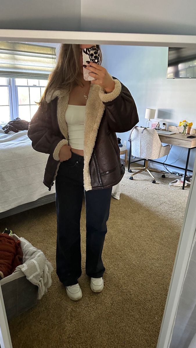 Faux Leather Sherpa Jacket Outfit, How To Style A Sherpa Jacket, Fleece Lined Leather Jacket, Sherpa Jacket Aesthetic, Urban Outfitters Leather Jacket, Aritzia Jumpsuit Outfit Winter, Fuzzy Leather Jacket Outfit, Sherpa Lined Leather Jacket, Fluffy Leather Jacket Outfit