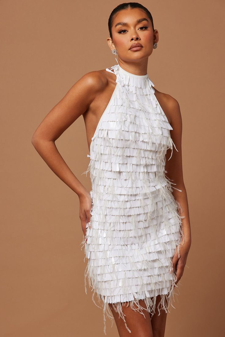 Available In White. Feather Sequin Dress Halter Neck Sleeveless Backless Hidden Back Zipper Lined Stretch Shell: 100% Polyester lining: 100% Polyester Imported | Nadia Feather Sequin Dress in White size Small by Fashion Nova Feather Dress Short, Dress Halter Neck, Taylor Outfits, Elopement Dress, White Feather, Bach Party, Dress Halter, Feather Dress, White Fashion