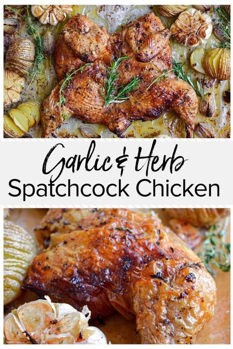 grilled chicken and vegetables with text overlay that reads garlic and herb sprattock chicken