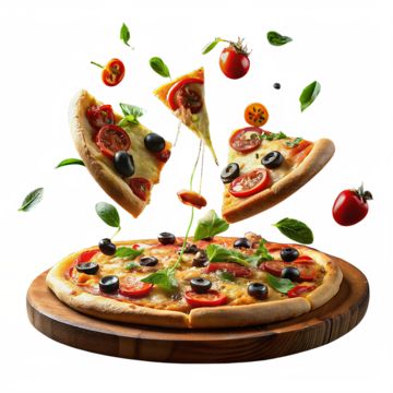 the pizza is falling into the air with many toppings on it, including tomatoes and olives