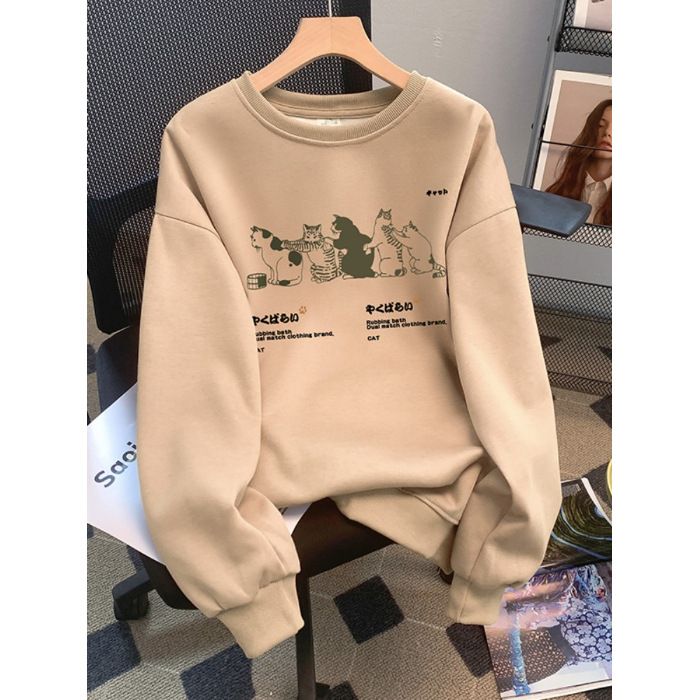 Size: 2XL, Color: Khaki Fleece Lined Casual Long Sleeve Sweatshirt With Cat Print, Casual Bear Print Tops For Fall, Casual Long Sleeve Sweater With Bear Print, Cat Print Hoodie Sweatshirt For Fall, Fall Cat Print Hoodie Sweatshirt, Casual Fleece Sweatshirt With Cartoon Print, Casual Fall Sweatshirt With Cat Print, Sporty Sweatshirt With Cartoon Print For Winter, Sporty Winter Sweatshirt With Cartoon Print