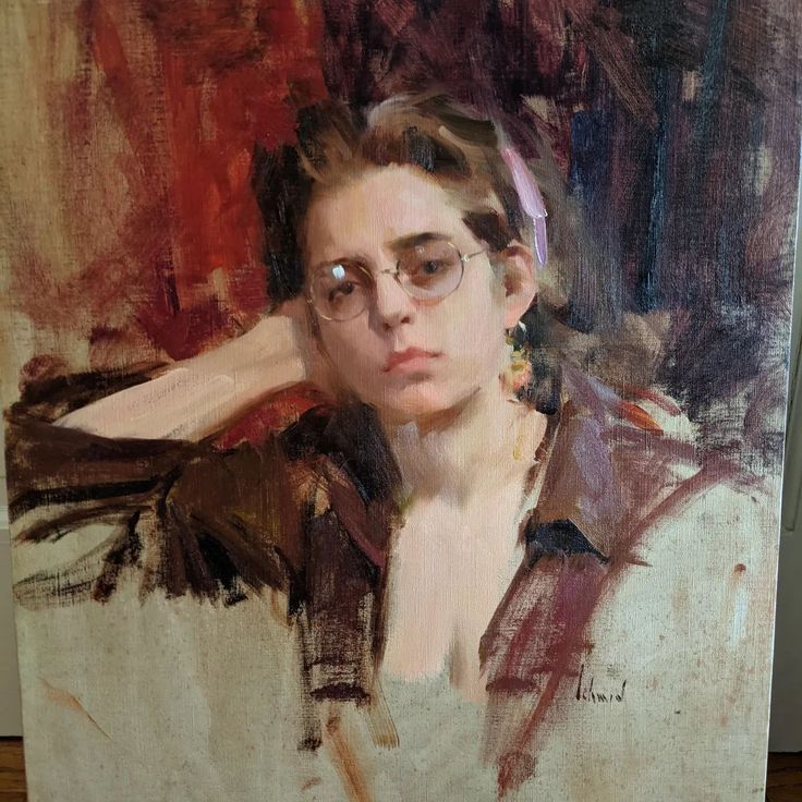 an oil painting of a woman with glasses