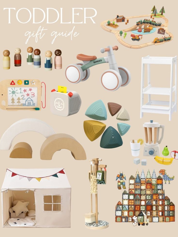 a collection of toys and other items for a child's gift guide on a beige background