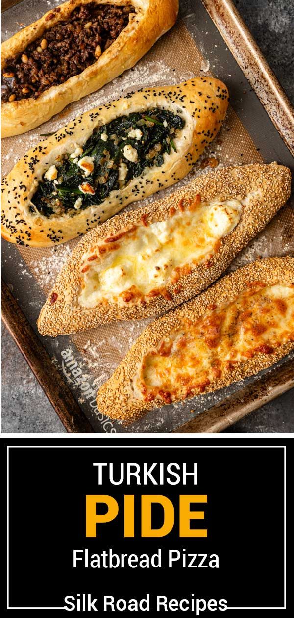 there are four different types of pizzas on the tray together with text overlay that reads, turkish pide flatbread pizza silk road recipes