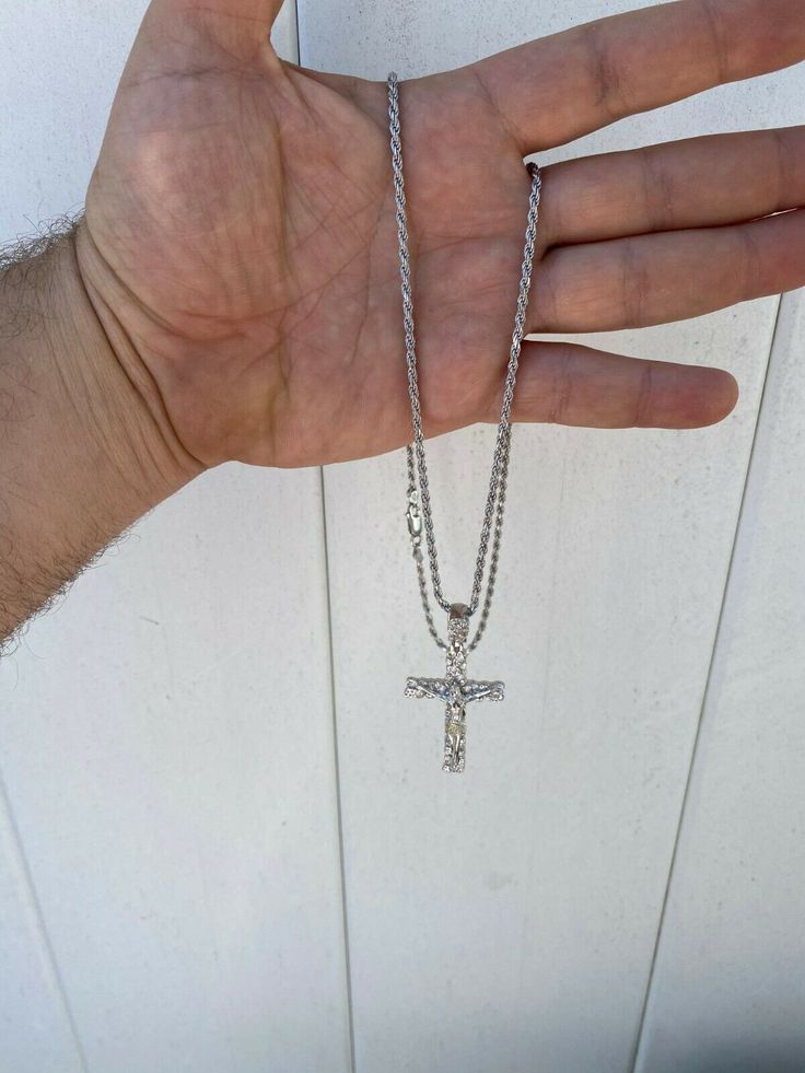 "Gorgeous handmade nugget cross pendant Solid 925 sterling silver...we have it in natural silver rhodium plated (white color) or 14k gold plated over silver Doesnt turn green or change color...gold lasts many years as its bonded to real silver underneath! Stamped 925 Pendant weighs 9 grams! 1x1.75\" (2\" w. bale) perfect medium/large size! VERY DETAILED. Amazing handmade piece 0.5ct simulated diamonds Look just like real diamonds and cant tell difference without microscope Will never turn green! Ice Necklace, Cross Jesus, Man Made Diamonds, Sterling Silver Mens, Jesus On The Cross, Cz Stone, Real Diamonds, Solid 925 Sterling Silver, Cross Pendant