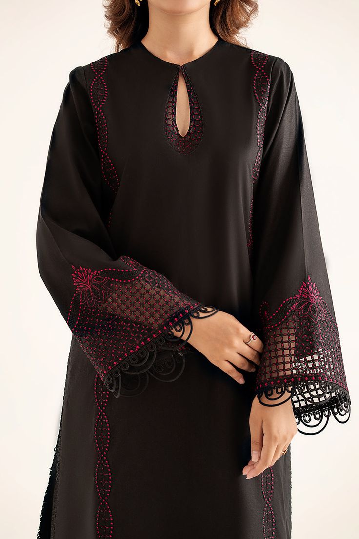 Blending timeless black sophistication with cutting-edge design, this ensemble sets a new standard in modern fashion. Contrasting intricate detailing graces the front and sleeves, complemented by the same coloured trousers for effortless allure, and finished off elegantly with a delicate border-detailed dupatta, this ensemble embodies timeless charm at its finest. Length: 50 Work Dress Code, Kurta Patterns, Trendy Shirt Designs, Pakistani Fancy Dresses, Pakistani Fashion Party Wear, Sleeves Designs For Dresses, Embroidery Suits Design, Designer Dresses Casual, Embroidery Designs Fashion