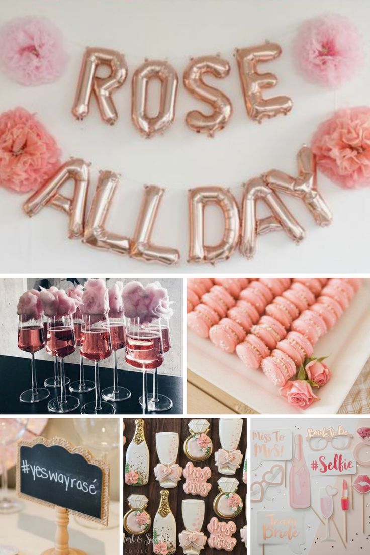 a collage of pink and gold party decorations, champagne glasses, rose all day balloons