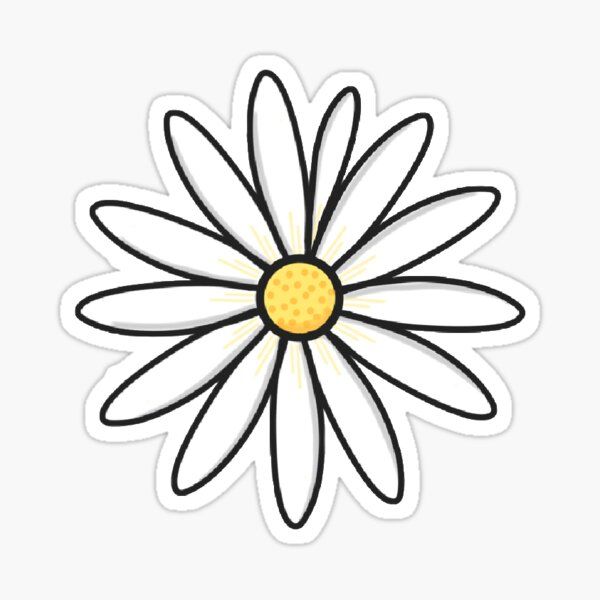 a white flower with yellow center sticker on a white background and black outlines