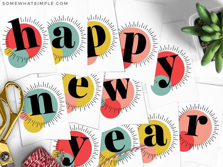 happy new year cards with scissors and plant