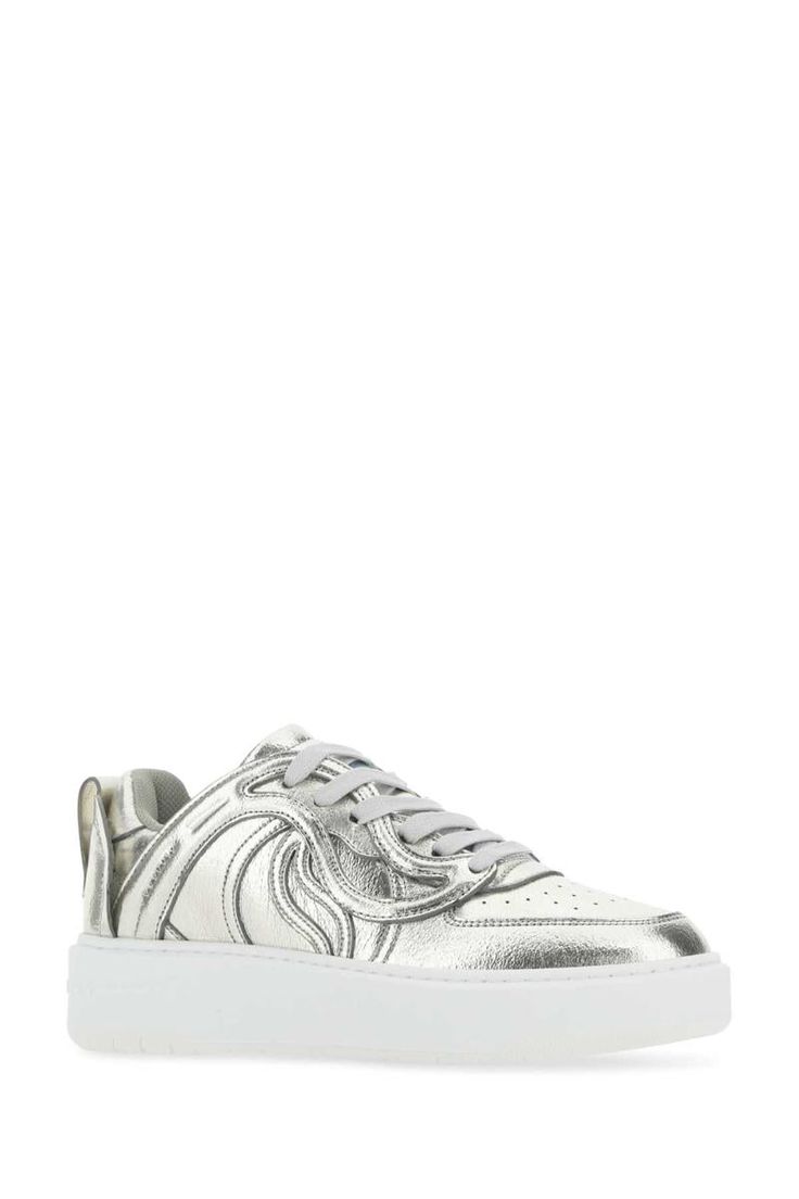 Silver synthetic leather S-Wave sneakers Gender: WomenMaterial: EXTERIOR: 100% SYNTHETIC LEATHER INTERIOR: 100% FABRIC SOLE: RUBBERColor: SILVERMade in: ImportedProduct ID: 810140W1UR0 8136*Import tax/duty will be calculated at checkout (If applicable) Modern Metallic Sneakers For Streetwear, Sporty Metallic Sneakers With Perforations, Metallic Sneakers With Rubber Sole For Streetwear, Metallic Low-top Sneakers With Perforated Toe Box, Metallic Sneakers With Perforations And Round Toe, Metallic Lace-up Sporty Sneakers, Metallic Sneakers With Perforations, Sporty Metallic Lace-up Sneakers, Metallic Leather Sneakers For Streetwear