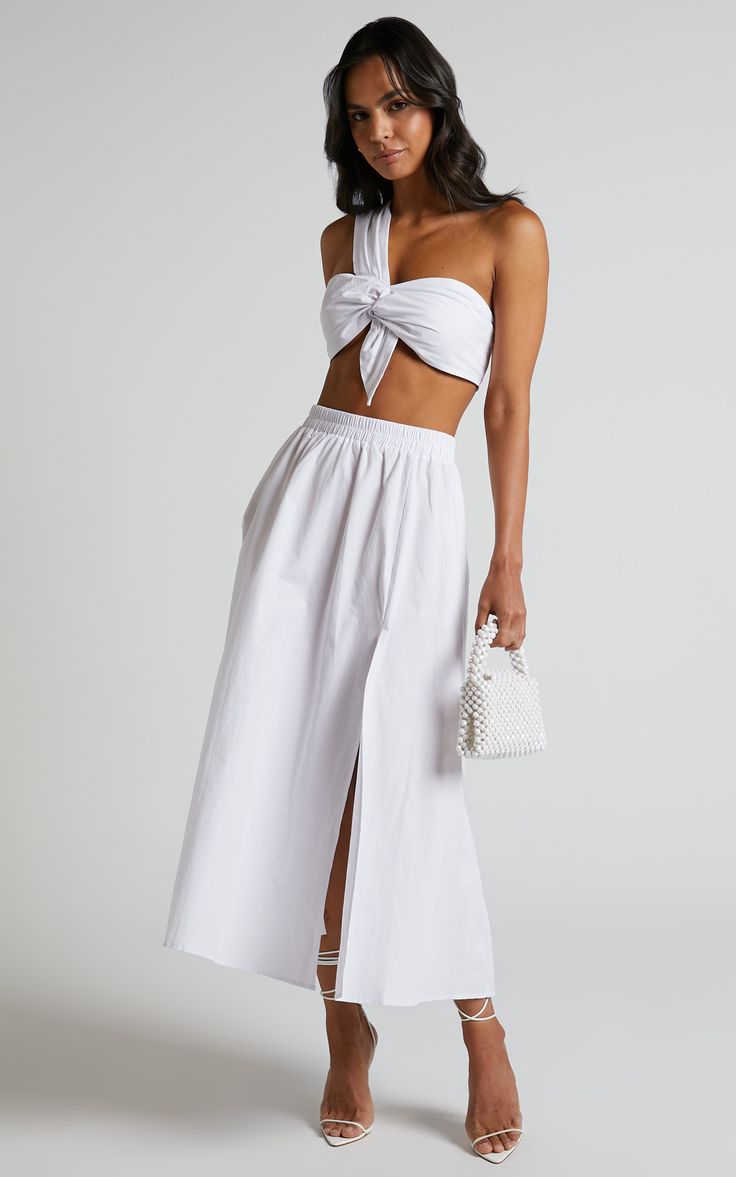 Sula Two Piece Set - One Shoulder Bralette Crop Top and Midi Skirt in White | Showpo USA Feminine Cropped Top For Vacation, Feminine Cropped Top For Brunch, Chic Cropped White Skirt, Elegant Cropped Crop Top For Beach, Elegant Crop Top For Beach, Chic Cropped Bottoms For Daywear, Chic Cropped Crop Top For Daywear, Chic Bandeau Crop Top For Day Out, Cropped Skirt For Vacation