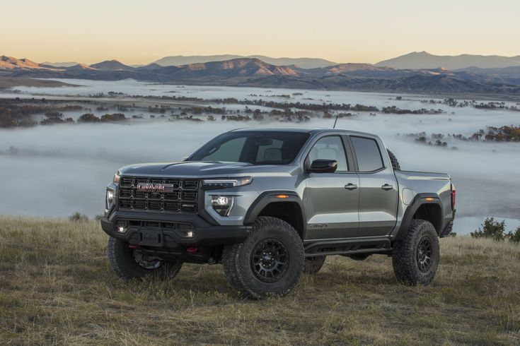 a silver truck parked on top of a grass covered field next to a mountain range