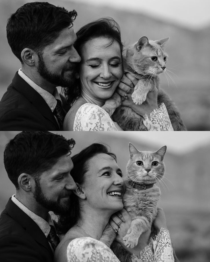 a man and woman holding a cat in their arms while they are smiling at each other