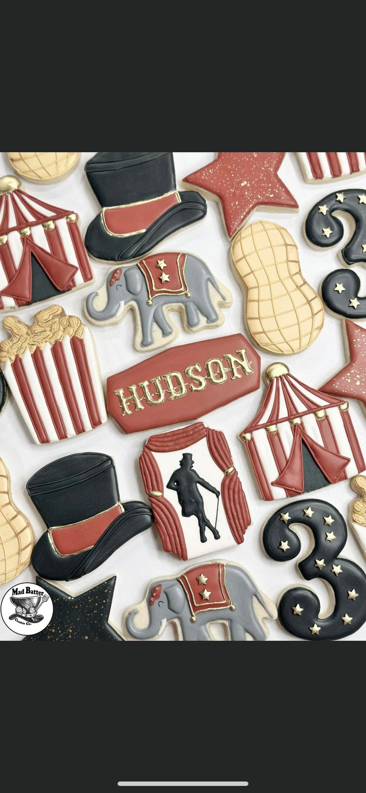 an assortment of decorated cookies in the shape of circus characters