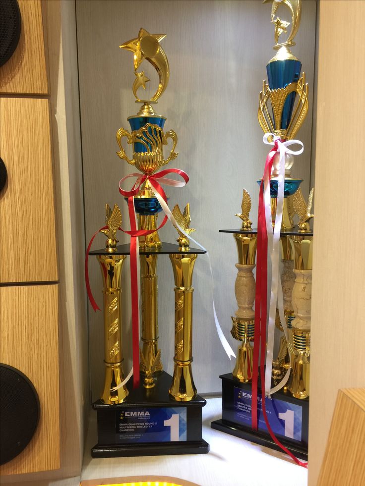 two trophies sitting on top of each other in a display case with ribbons around them