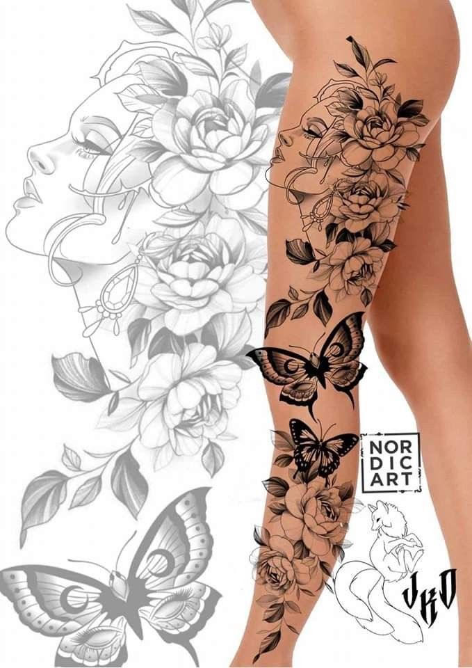 a woman's leg with flowers and butterflies on it