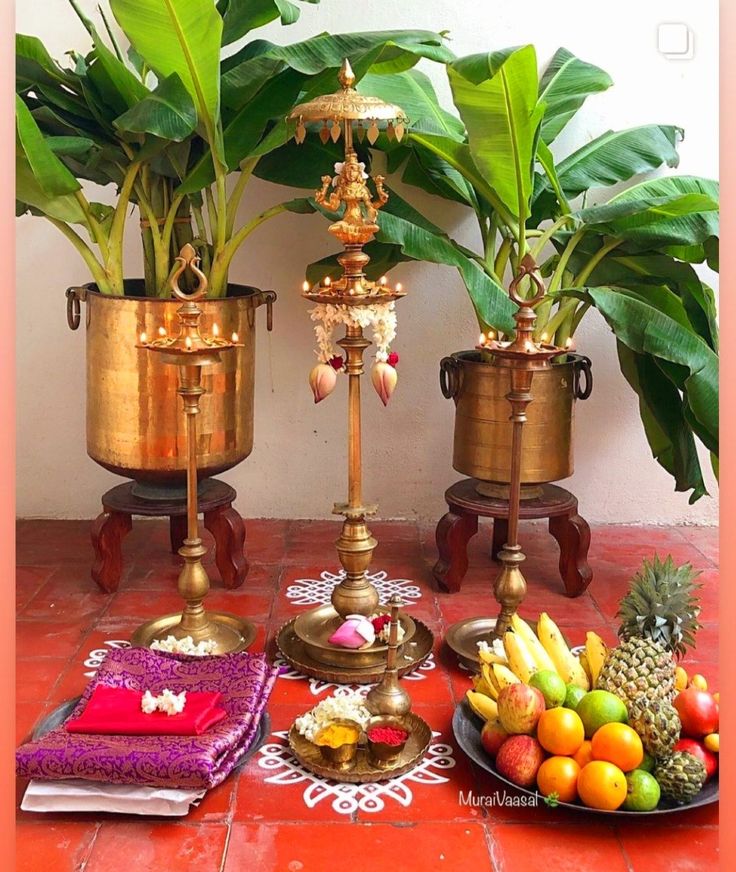 there are three potted plants in the middle of two trays with fruit on them